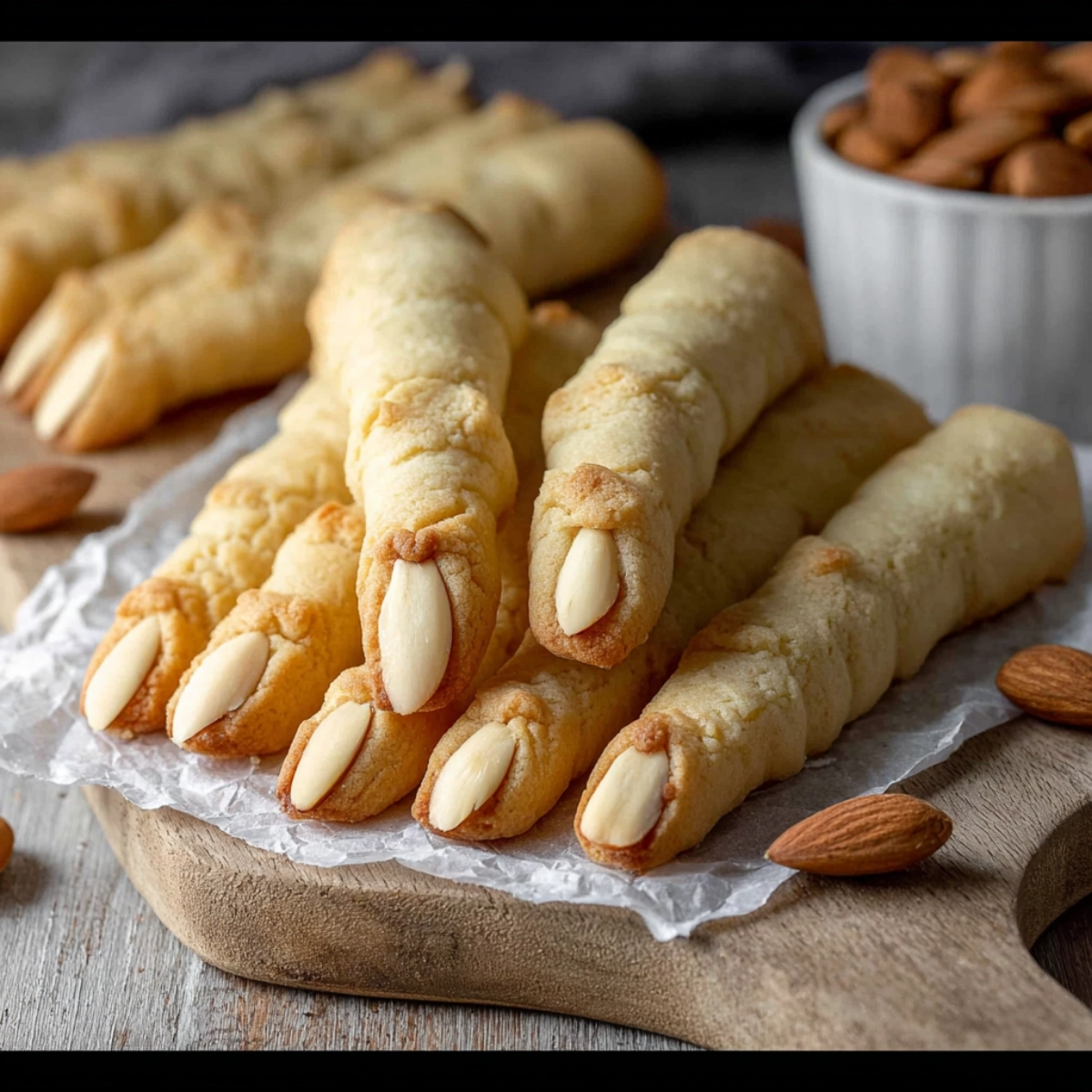 Realistic Halloween finger cookies with almond nails on wooden board.