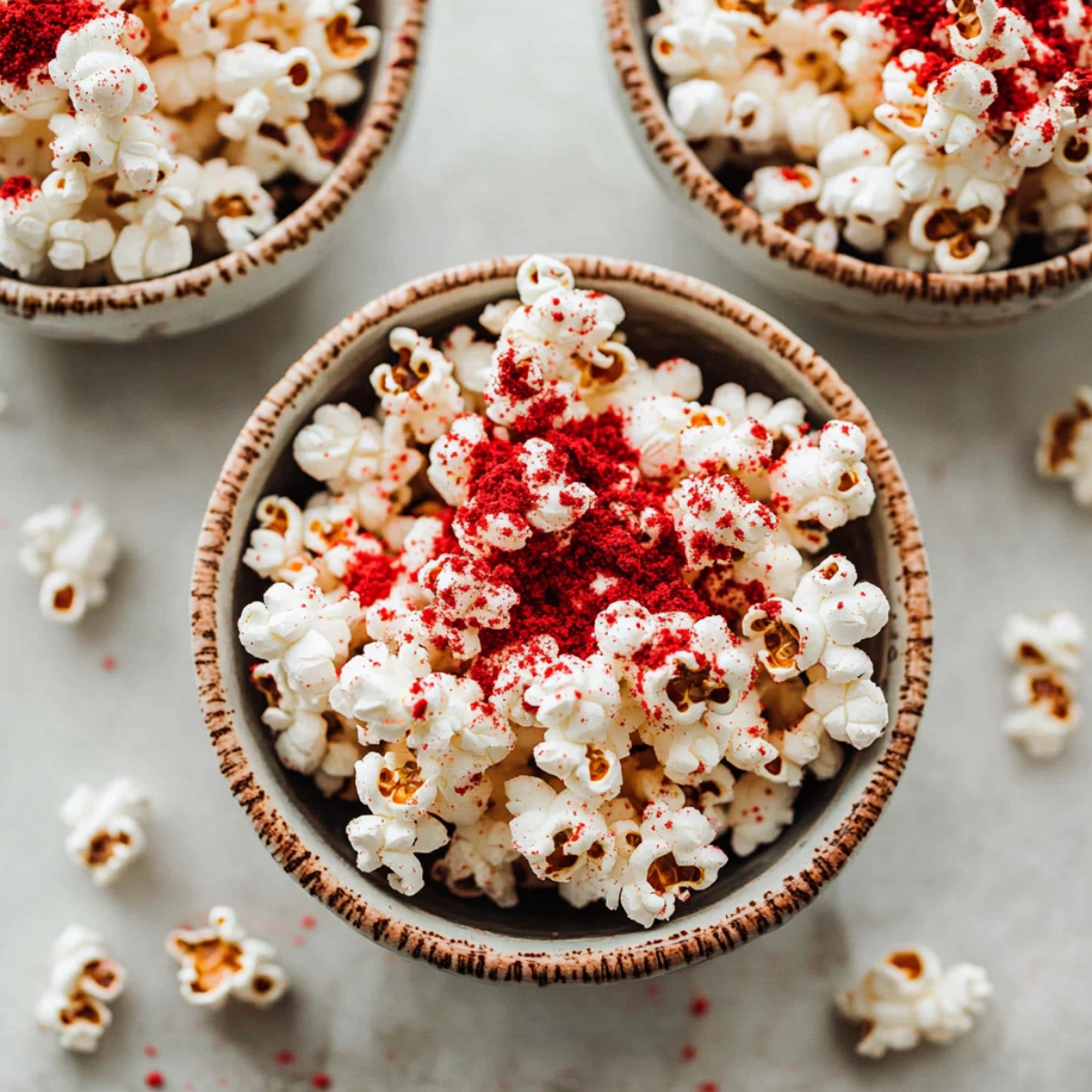 "Close-up image of popcorn coated with red powder in ceramic bowls with crumbs scattered around."