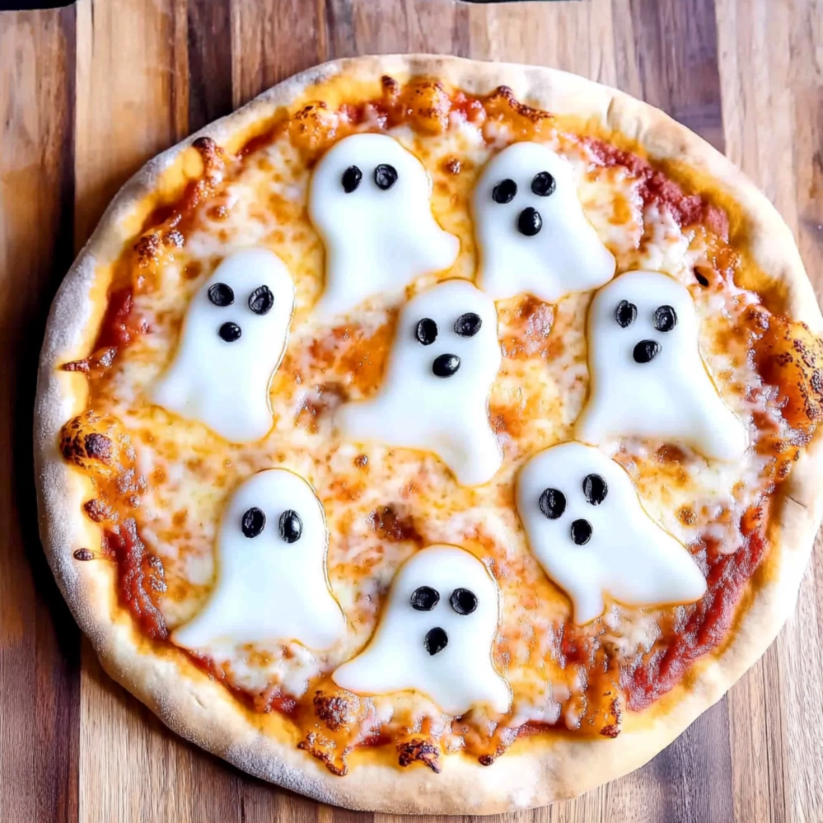 Halloween-themed pizza with cheese ghosts and black olive faces, set on a wooden board.