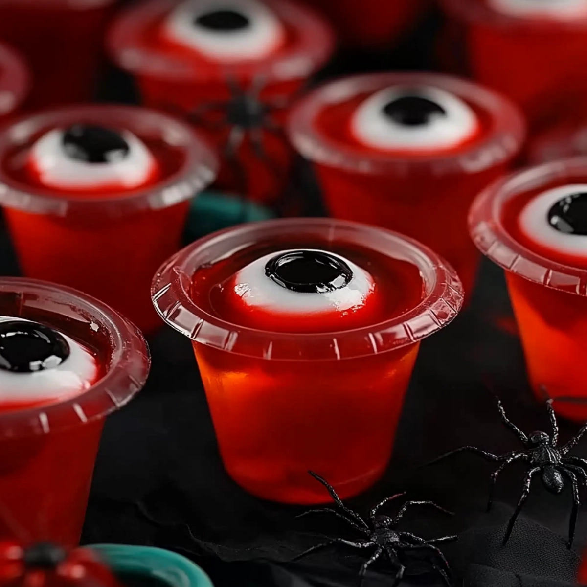 Red jelly cups with edible eyeballs, perfect Halloween treat for spooky parties.