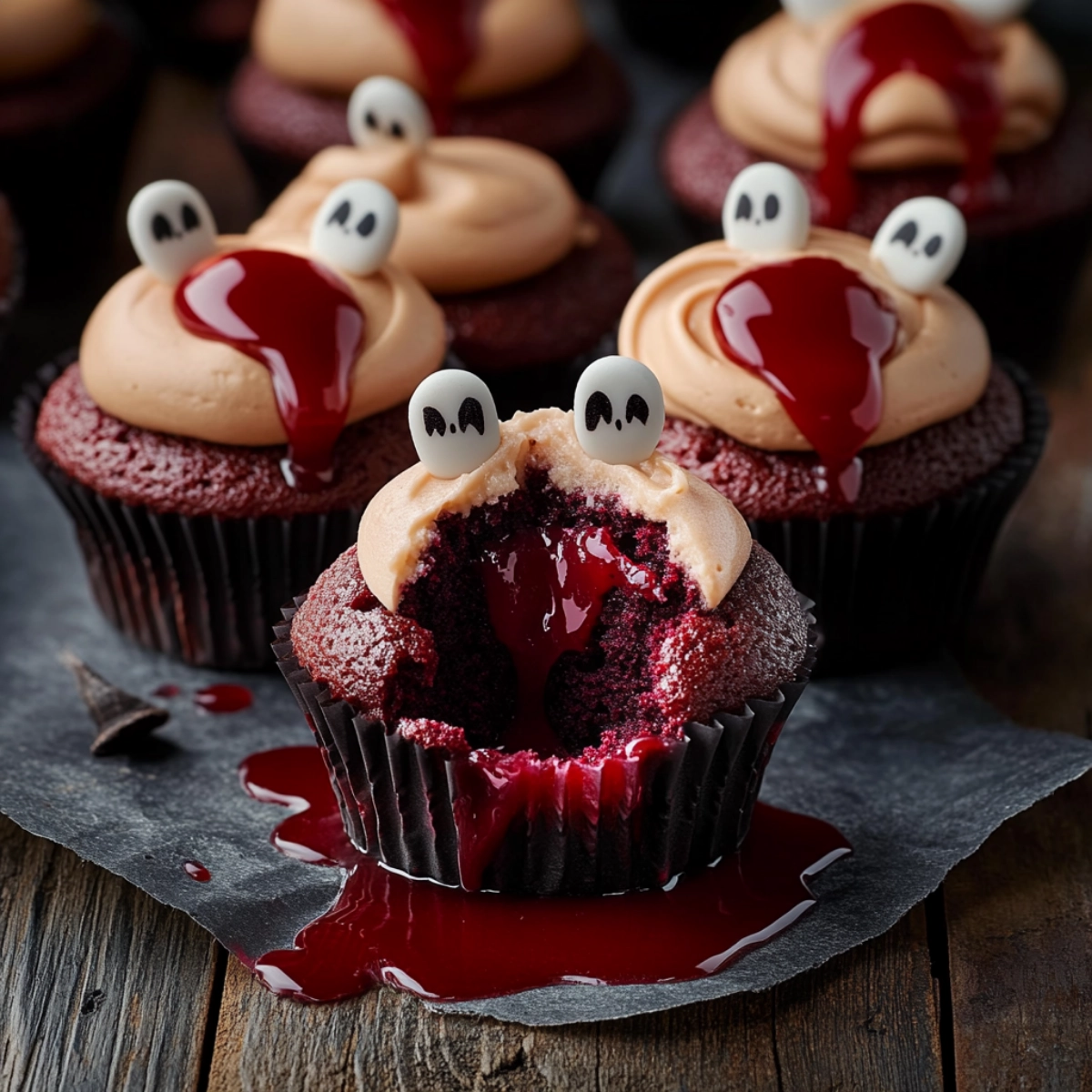 Vampire-themed red velvet cupcakes with oozing raspberry filling and candy fangs on dark rustic background.