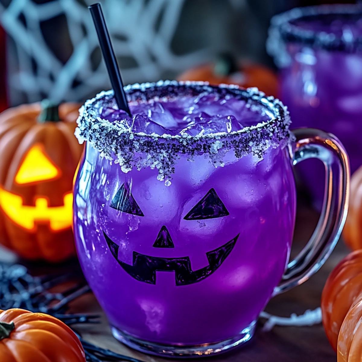 Vibrant purple Halloween cocktail in a spooky glass with sugar rim and pumpkins
