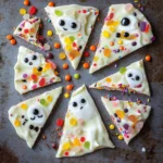 White chocolate bark with sprinkles, gummy candies, and ghost-shaped candies, designed in a fun, Halloween-inspired arrangement, featuring googly eyes and colorful details.