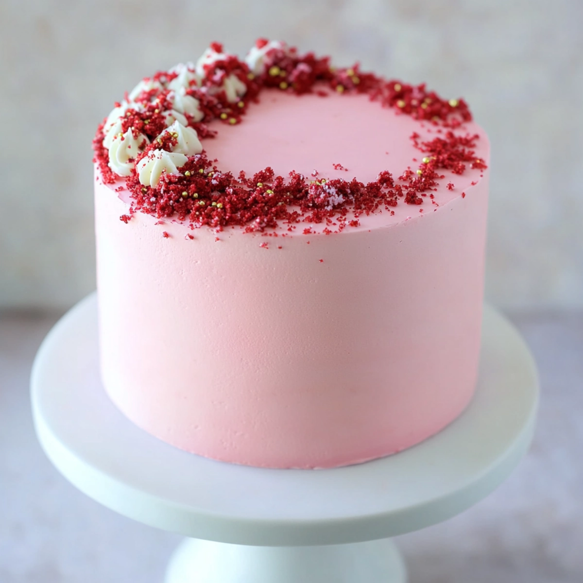 Pink cake with red velvet crumbs and sprinkles on a white cake stand.