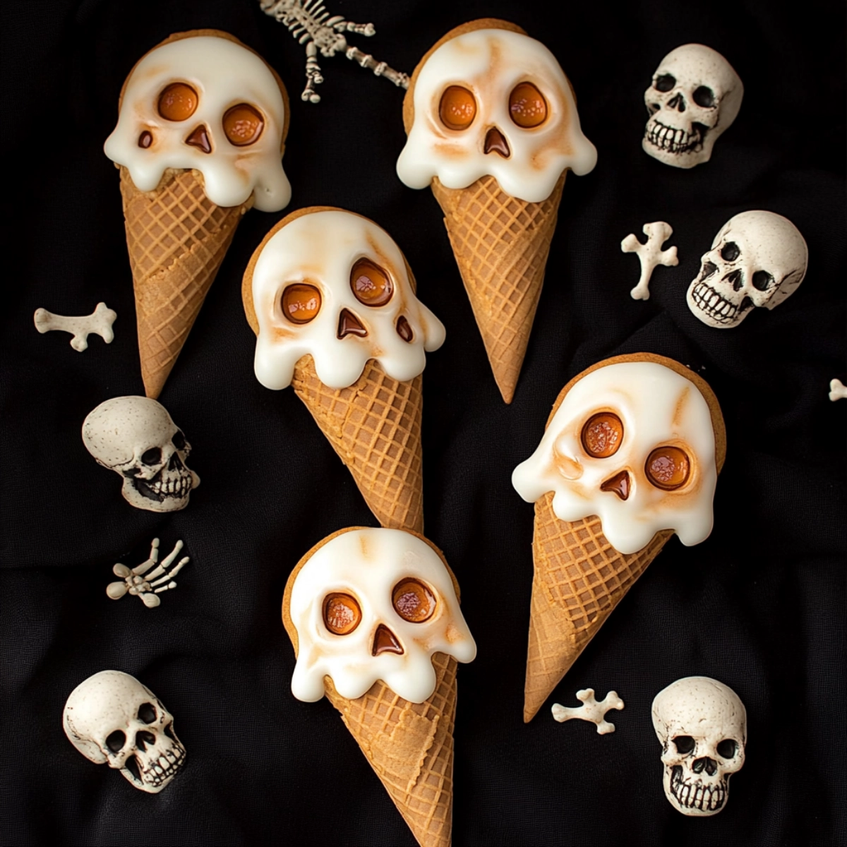 Halloween skull ice cream cone cookies with white icing, surrounded by mini skeletons, bones, and spooky Halloween decorations on a dark background.