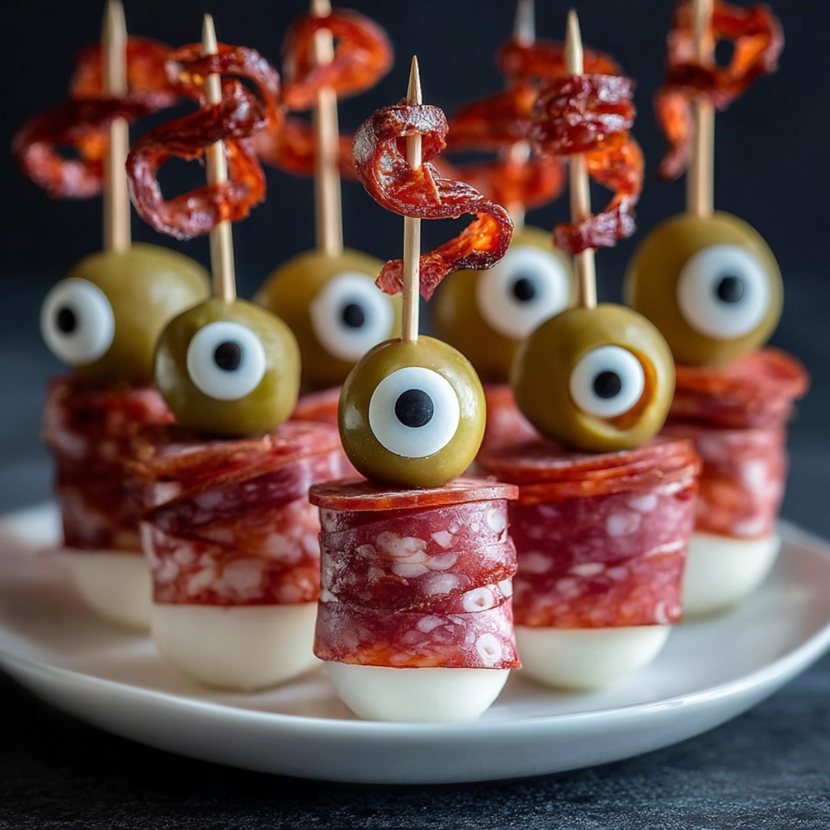 Halloween-themed eyeball skewers made with olives, mozzarella, and salami on a white plate.