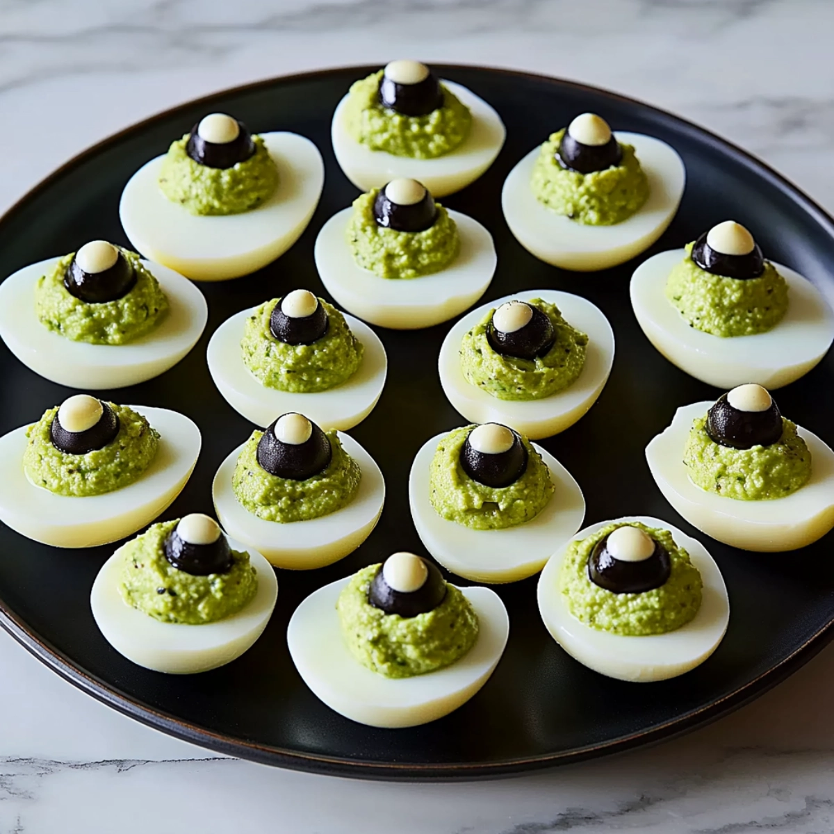 Spooky Halloween deviled eggs styled as monster eyeballs with green filling and black olive toppers.