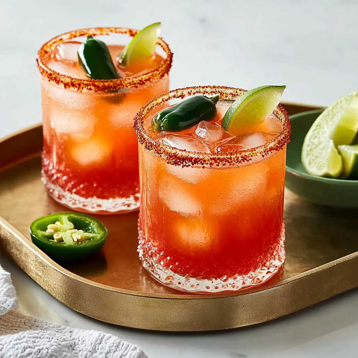 Two chili-lime cocktails with jalapeños and Tajin rim served on a gold tray with lime wedges.