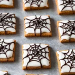Halloween spiderweb cookies with white icing and dark chocolate detail on a textured gray background.