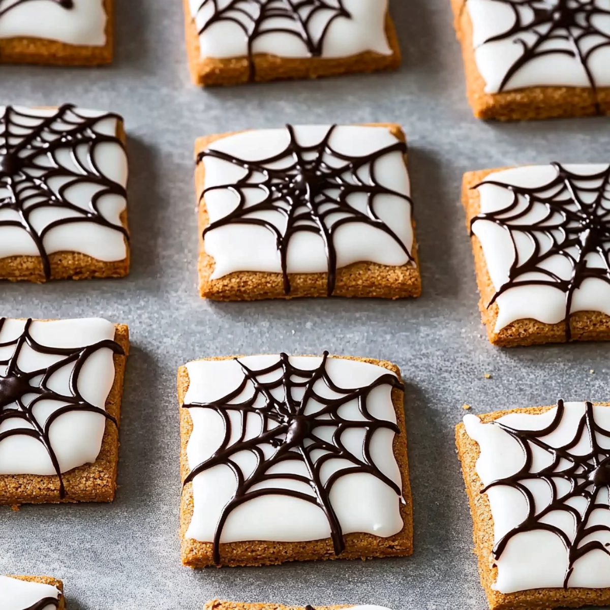 Halloween spiderweb cookies with white icing and dark chocolate detail on a textured gray background.