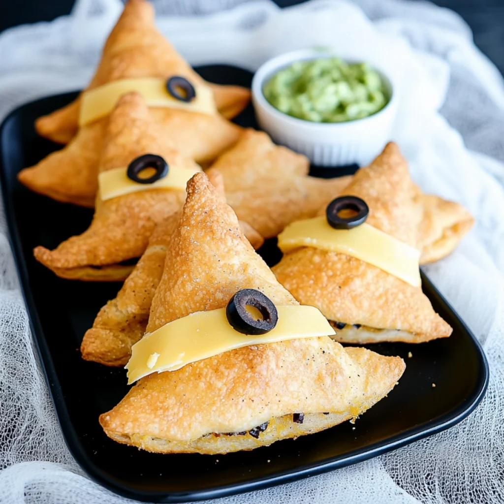 Witch hat crescent roll appetizers with cheddar cheese and black olives, served with guacamole, grape tomatoes, and black olives.
