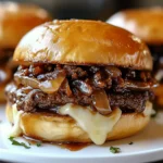 A close-up of a beef sandwich with melted mozzarella cheese, caramelized onions, and savory beef sauce on a toasted brioche bun.