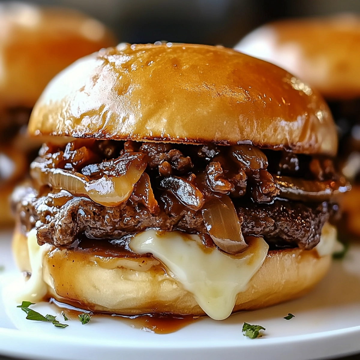 A close-up of a beef sandwich with melted mozzarella cheese, caramelized onions, and savory beef sauce on a toasted brioche bun.