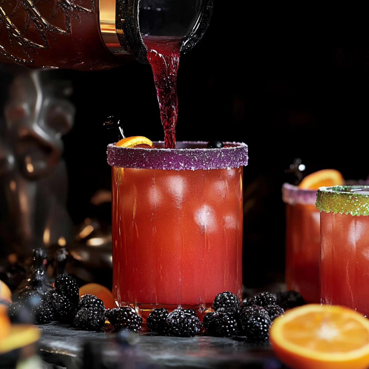 Festive Halloween punch with purple sugar rim being poured into a glass, surrounded by blackberries and orange slices.