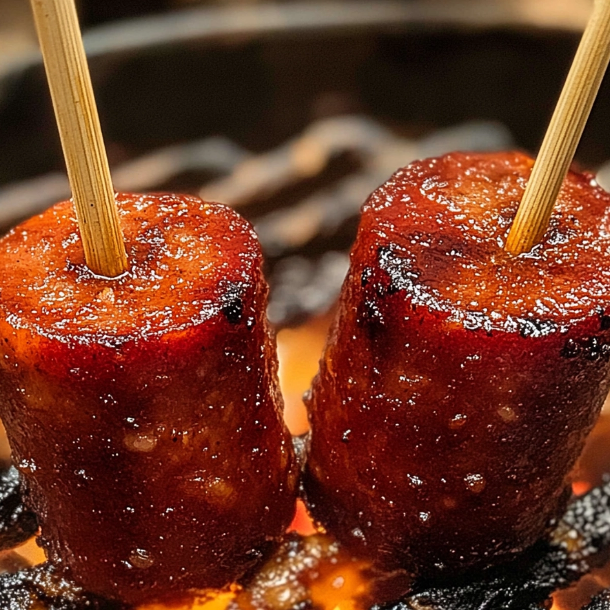 Close-up of two grilled sausage pieces on skewers with a caramelized glaze and crispy edges, resting on a smoky grill.