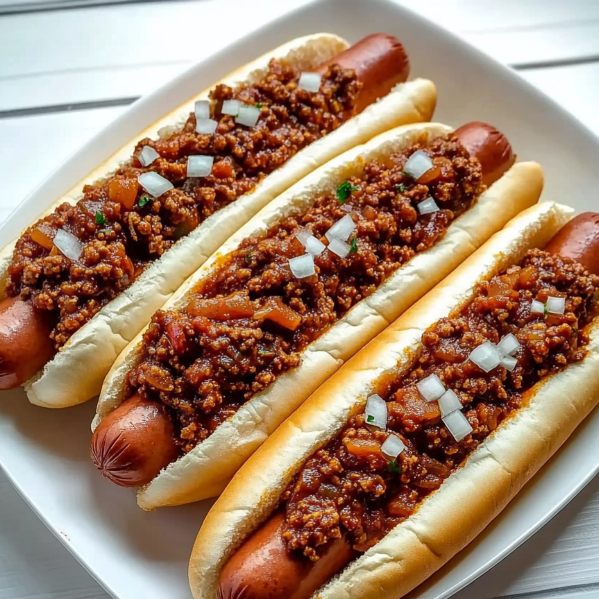 Close-up of hot dogs topped with a savory chili made of ground meat, onions, and tomatoes, served in soft buns on a clean white plate.