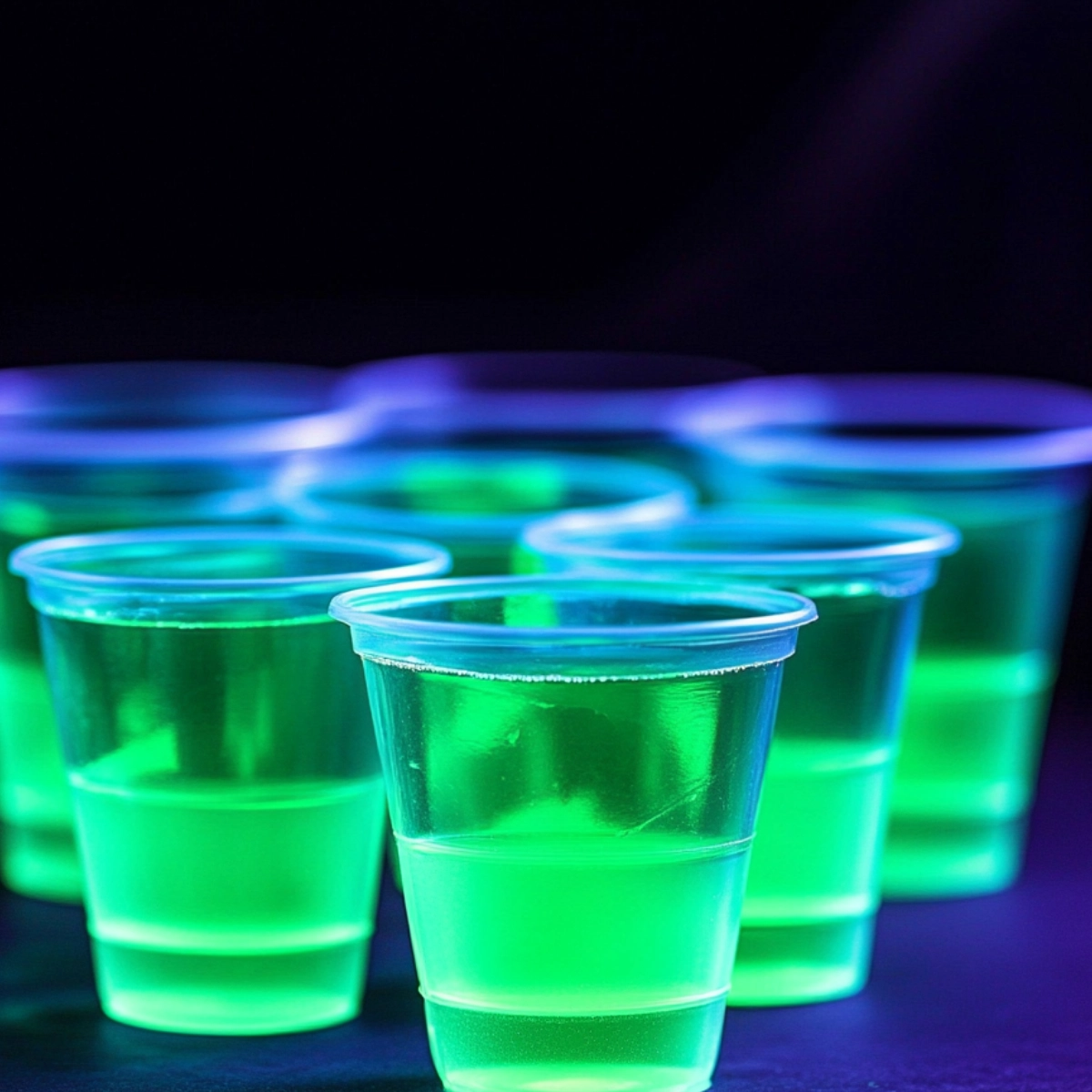 Glow-in-the-dark neon green liquid in clear plastic cups, glowing vibrantly in a dark background.