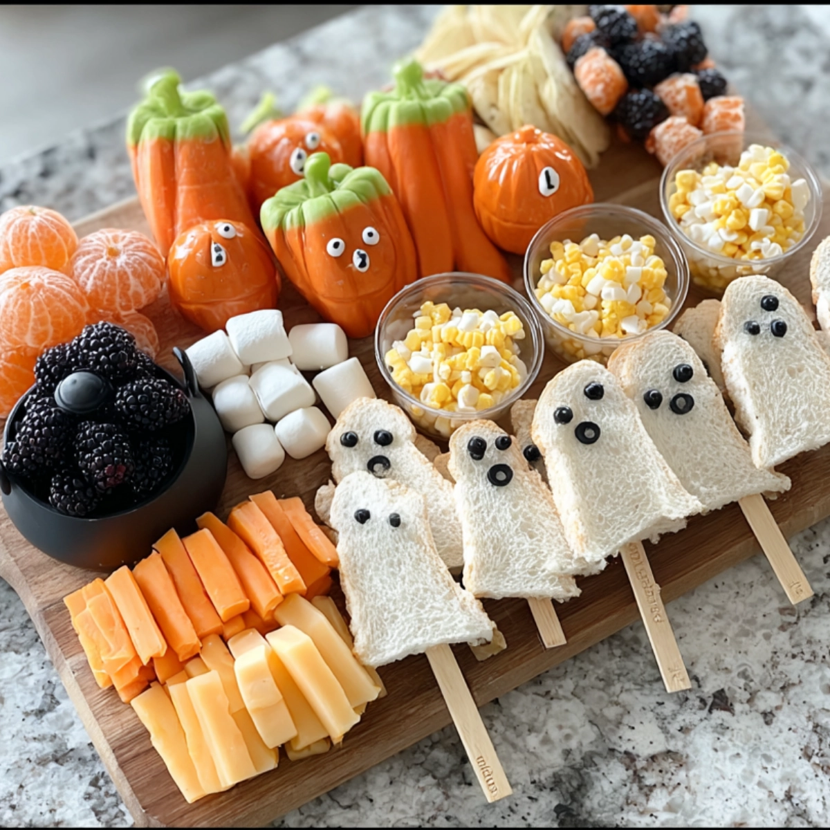 Halloween snack board with ghost sandwiches, clementine pumpkins, cheese cubes, marshmallow ghost skewers, and festive peppers.
