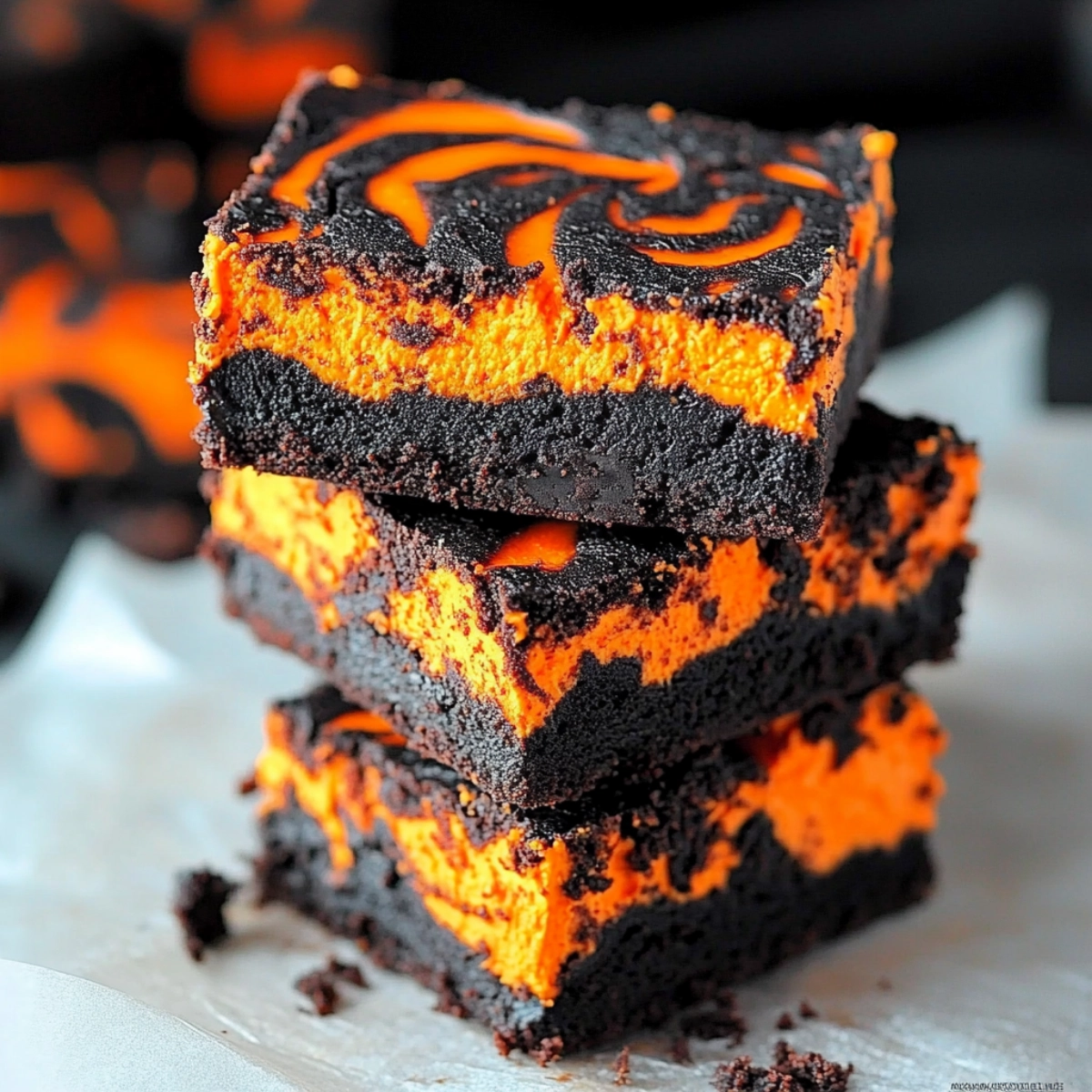 Halloween cheesecake brownies with black and orange swirls stacked on parchment paper.