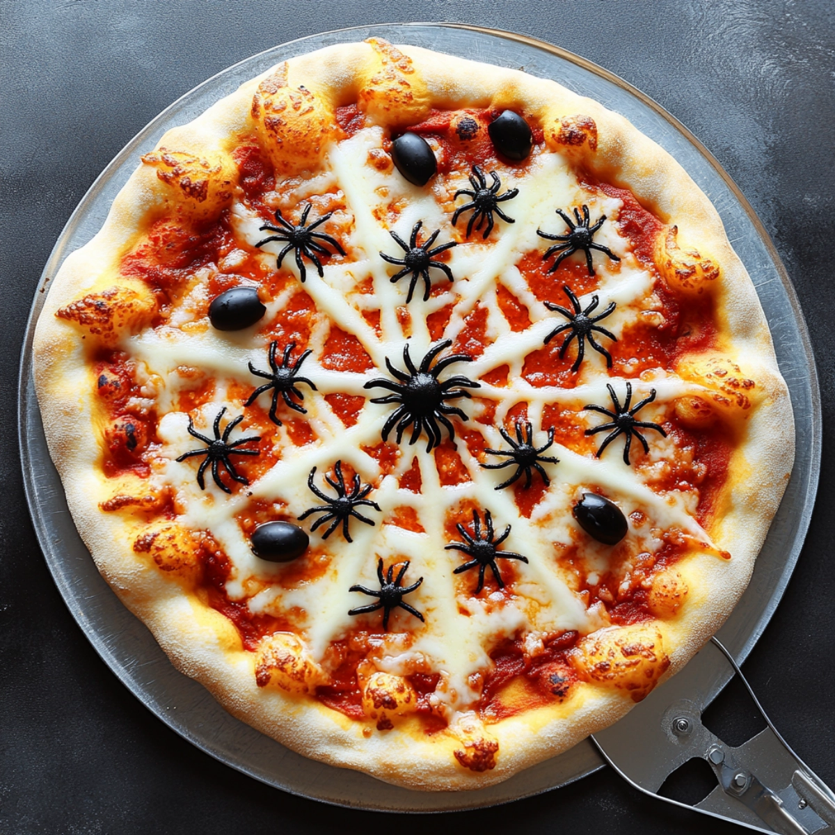 Halloween pizza with cheese web and black olive spiders on tomato sauce crust