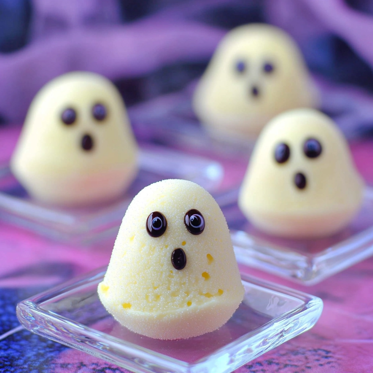 Cute Halloween ghost cheesecakes with candy eyes on a vibrant marbled background