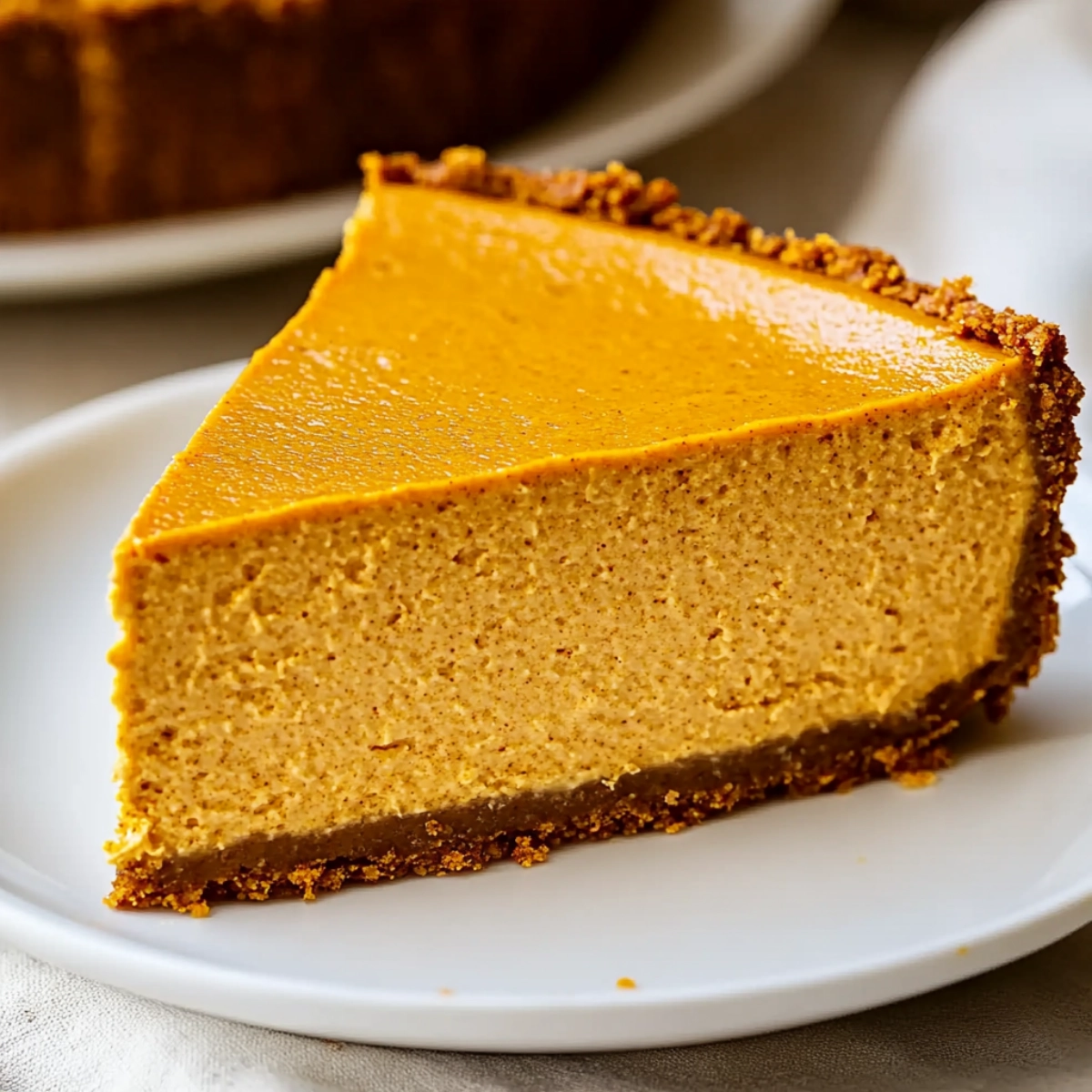 A creamy slice of pumpkin cheesecake with a golden graham cracker crust on a white plate.