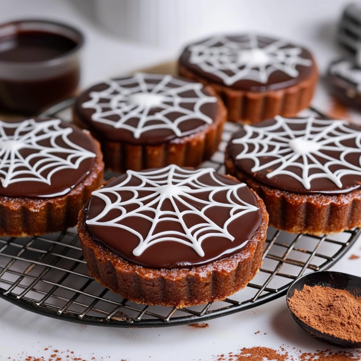Close-up of chocolate spiderweb tarts on a cooling rack with glossy ganache and white icing design.
