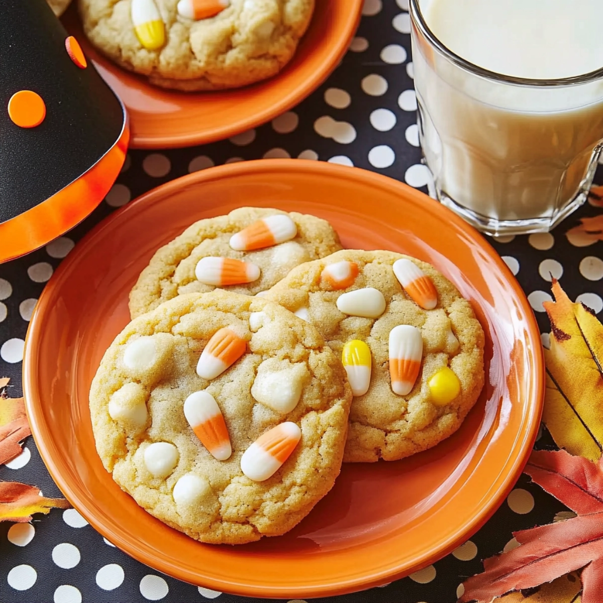Homemade Halloween cookies topped with candy corn and white chocolate chips served with milk on a festive polka dot table.