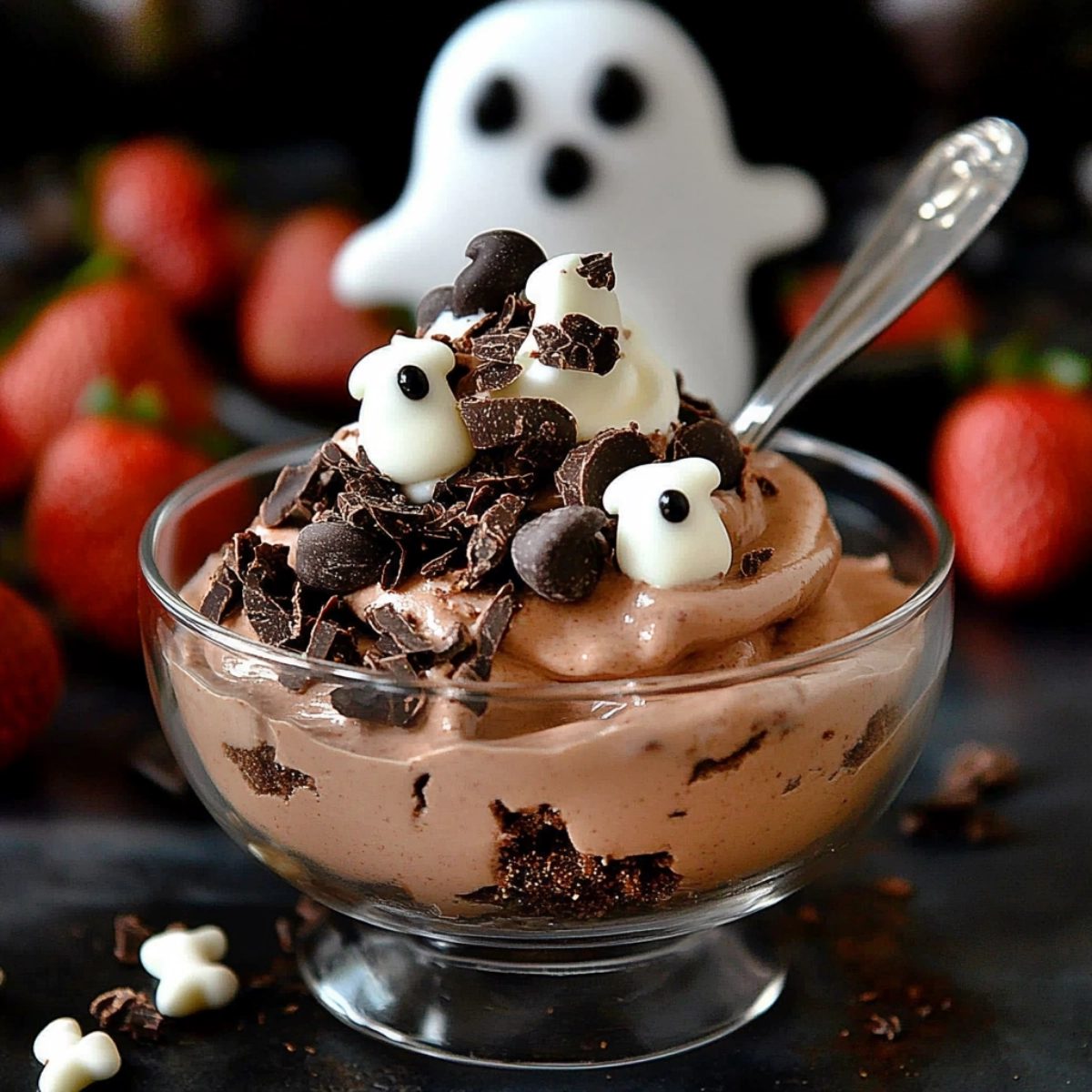 Close-up of ghostly Halloween chocolate parfait with crushed cookies and Greek yogurt.