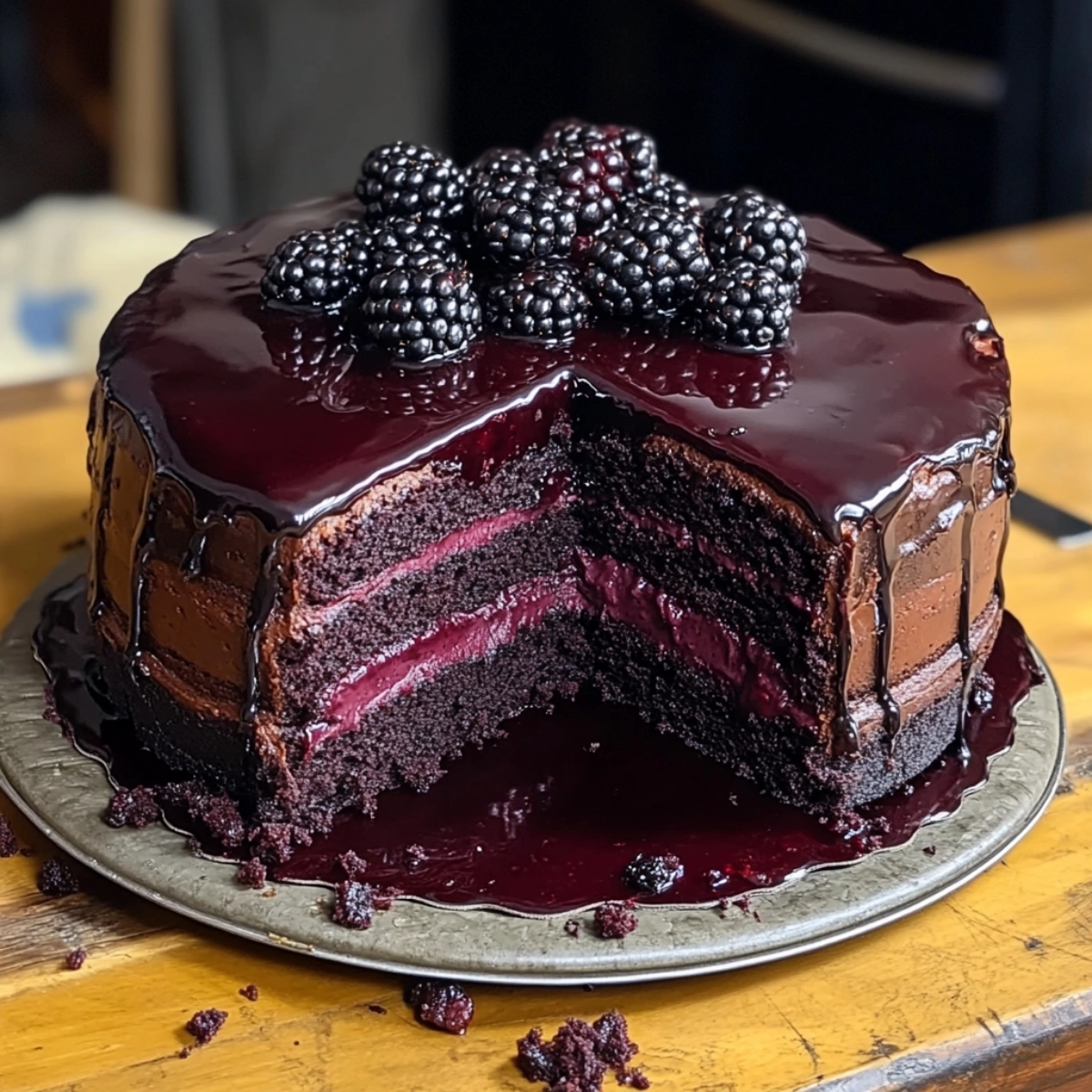 Decadent triple-layer dark chocolate cake with blackberry glaze and fresh blackberries on a rustic wooden table.