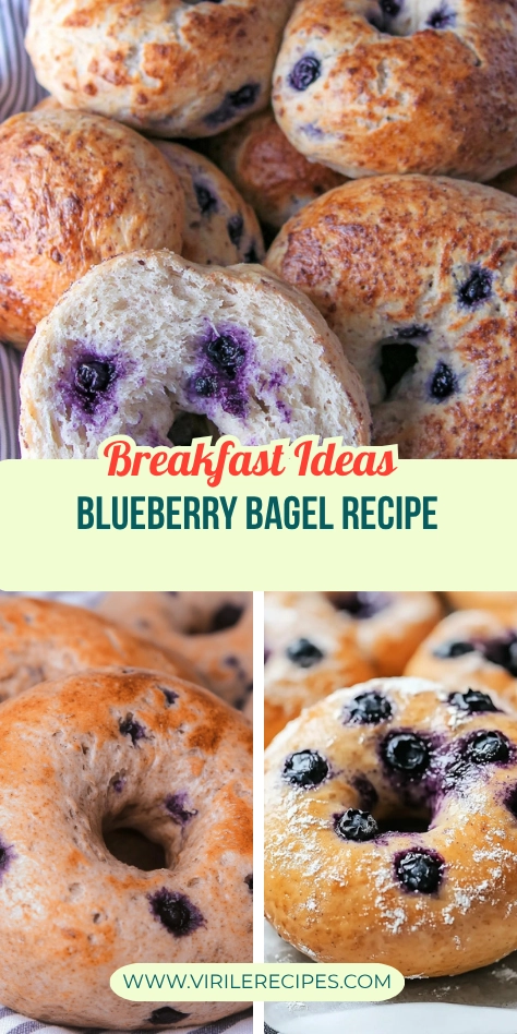 Collage of homemade blueberry bagels showing glossy tops, sliced interiors, and baked berries