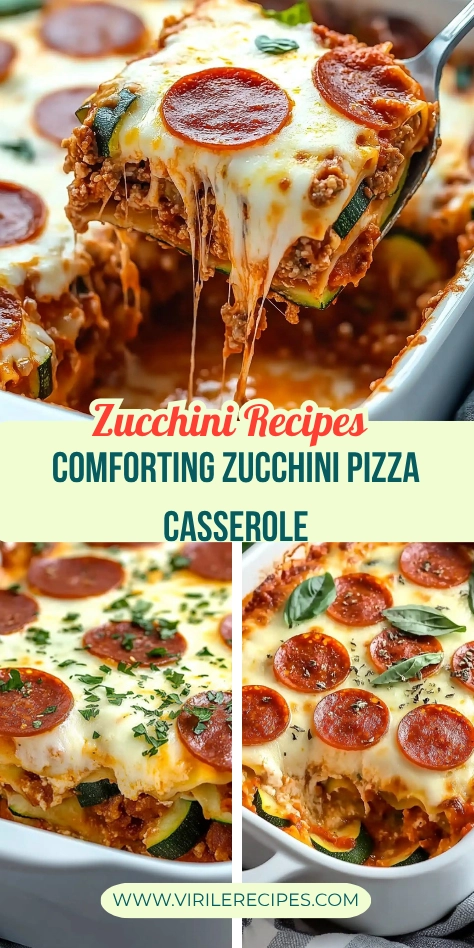 Collage of comforting zucchini pizza casserole with melted cheese, pepperoni, and herbs in a white baking dish.