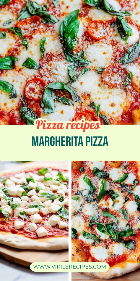 Vertical collage of Margherita pizza stages from prep to baked, with fresh mozzarella and basil