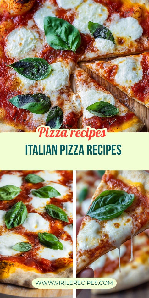 Pinterest-style collage of Italian Margherita pizzas with basil, melted mozzarella, and golden crust