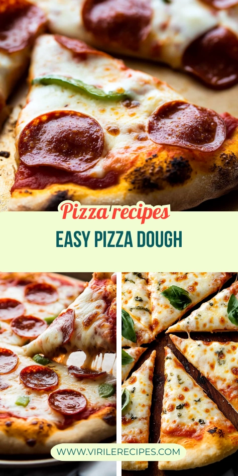 Collage of four cheesy homemade pizzas including pepperoni, basil toppings, and a cheese pull, styled for an easy pizza dough recipe post.