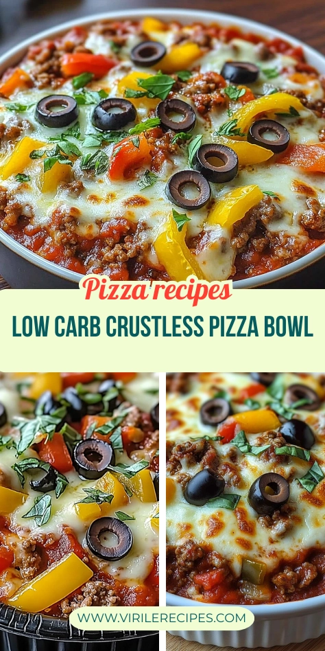 Low-carb crustless pizza bowl with melted mozzarella, ground beef, peppers, olives, and basil