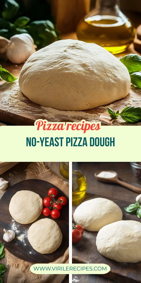 Collage of no-yeast pizza dough with fresh ingredients like garlic, basil, and cherry tomatoes on rustic wooden boards.