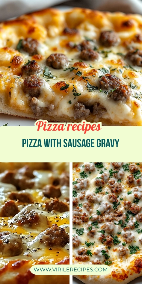 Collage of sausage gravy breakfast pizza featuring full pie, cheesy close-up, and a slice with golden crust.