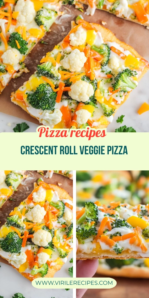 Pinterest collage showing crescent roll veggie pizza slices with broccoli, cauliflower, carrots, and peppers.