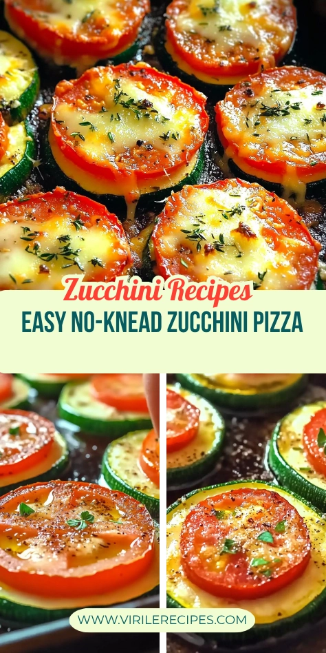 Collage of easy no-knead zucchini pizza bites—fresh, cheesy, and oven-roasted with herbs.
