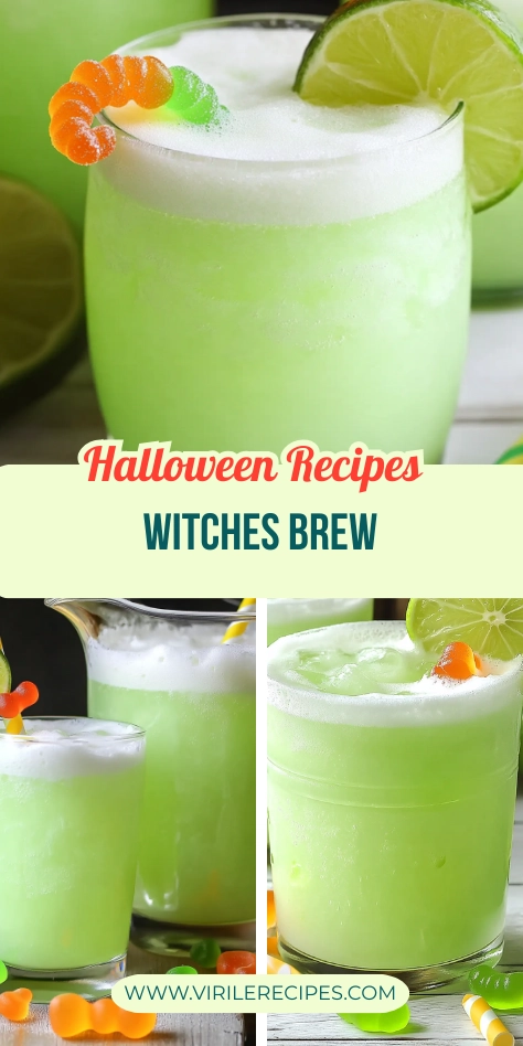 Halloween Witches Brew drink with lime soda, frothy top, lime slices, and gummy worms served in glasses and a pitcher.