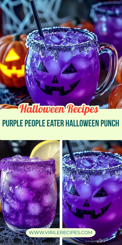 Purple People Eater Halloween Punch in spooky mugs with sugar rims and glowing jack-o-lanterns