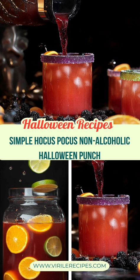 Colorful non-alcoholic Halloween punch with fruit slices in a spooky party setup.