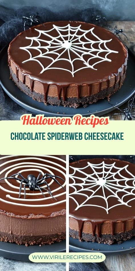 Halloween chocolate spiderweb cheesecake with ganache drip, cookie crust, and spooky spider decor.