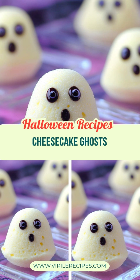 Pinterest-style collage of Halloween cheesecake ghosts with candy eyes and chocolate mouths