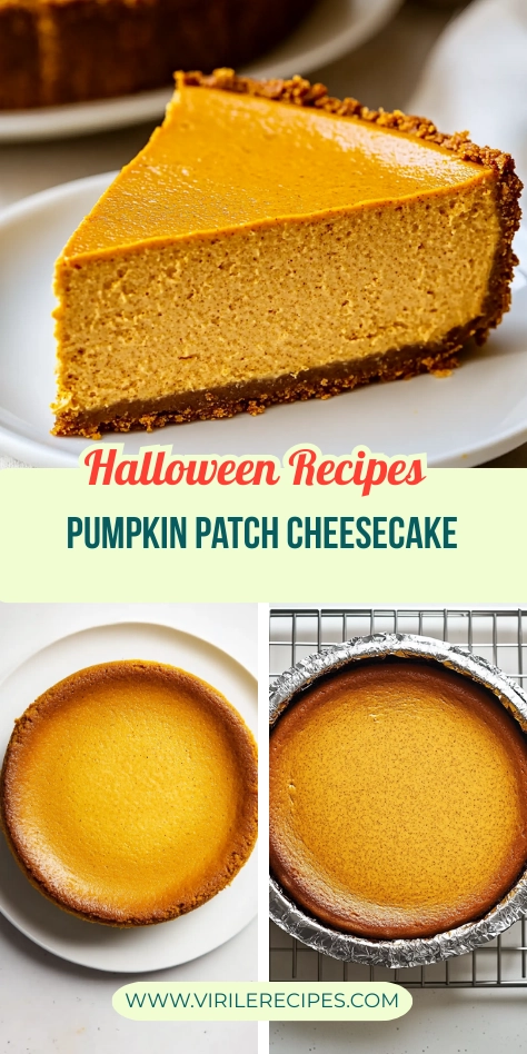 Pinterest graphic featuring a slice of pumpkin cheesecake, a whole cheesecake on a plate, and one cooling in a foil pan.