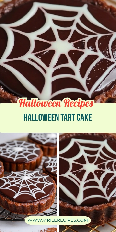 Halloween chocolate tart cakes decorated with white spiderweb icing on dark chocolate ganache.