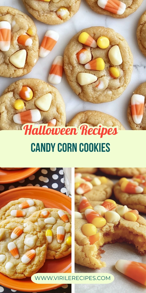 Pinterest-style collage of Halloween candy corn cookies in various arrangements, including a bitten cookie and festive orange plate setup.