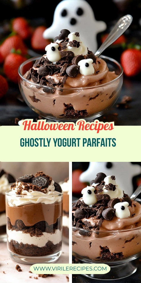 Collage of spooky chocolate ghost yogurt parfait and mini berry cheesecake parfaits for Halloween dessert ideas.