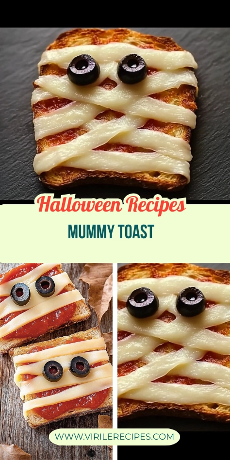 Collage of Halloween mummy toast with cheese bandages and olive eyes on wood and slate backgrounds.